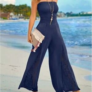 Venus Strapless Jumpsuit Wide Leg Lace Inset Casual Comfy Blue 1X Smocked Summer